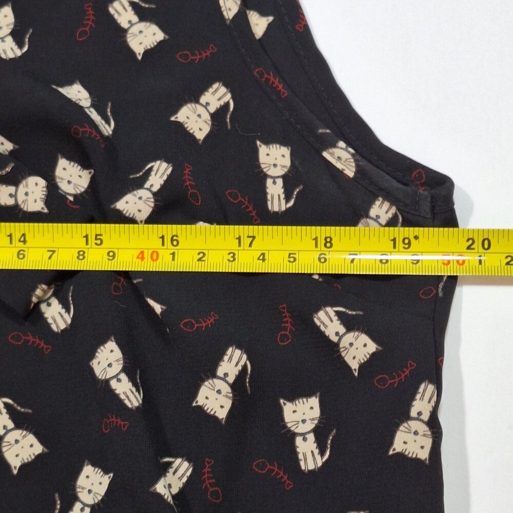 Jessie B Cat Print Tie-Neck Blouse XL Black Cream Retro Office Casual Top - Picture 8 of 16